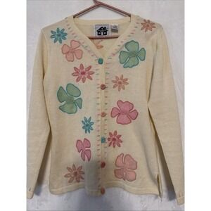 Storybook Knits Cardigan Sweater Embroidered Flowers Button Up Ivory And Pastels